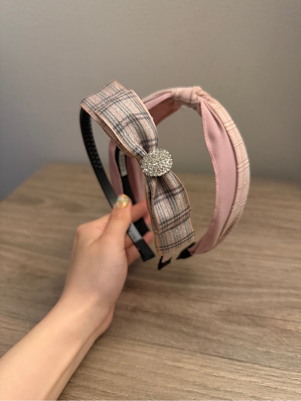 Plaid Pink Knotted Headband with Crystal Accent Set 2 - Picture 2 of 7
